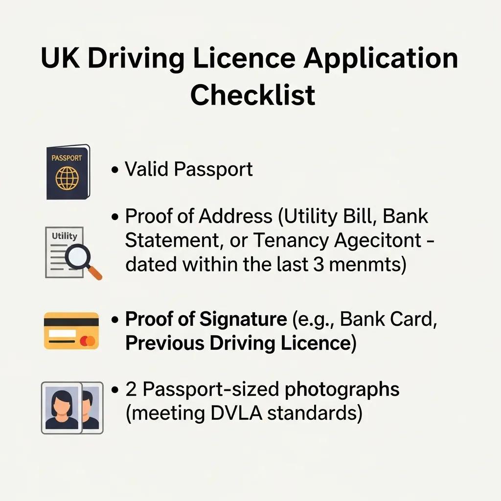 Checklist showing passport and utility bill as documents for a UK driving licence application