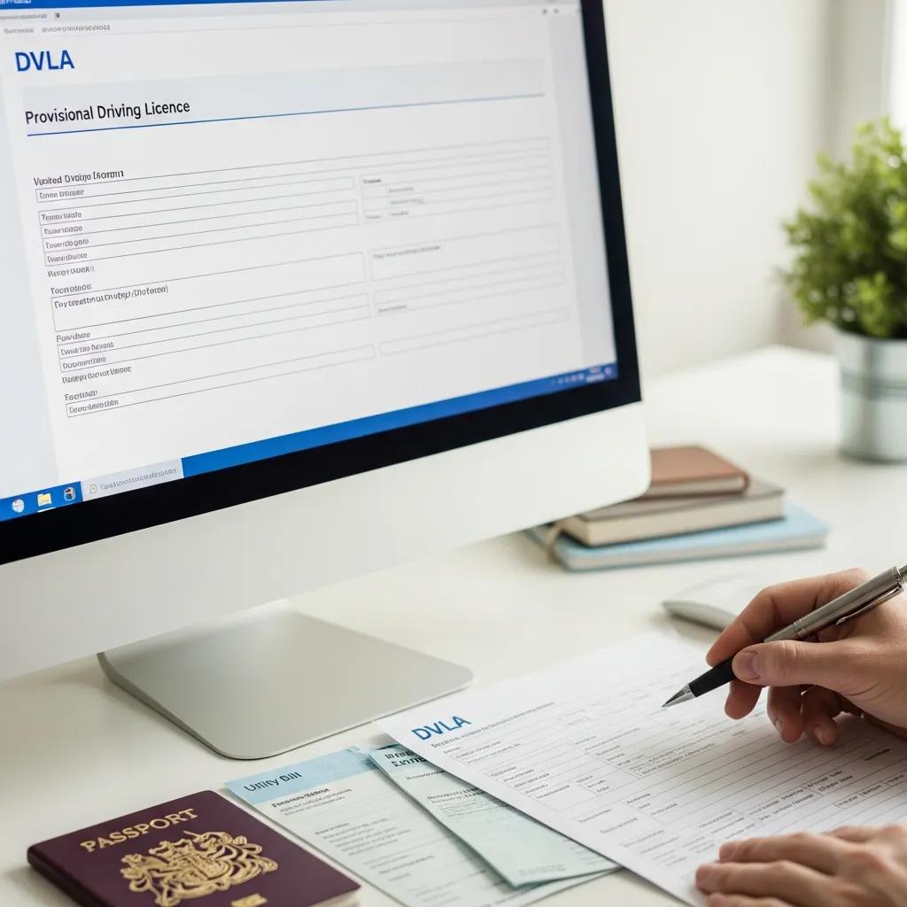 Close view of a computer screen showing a DVLA provisional licence application form to illustrate the online application process