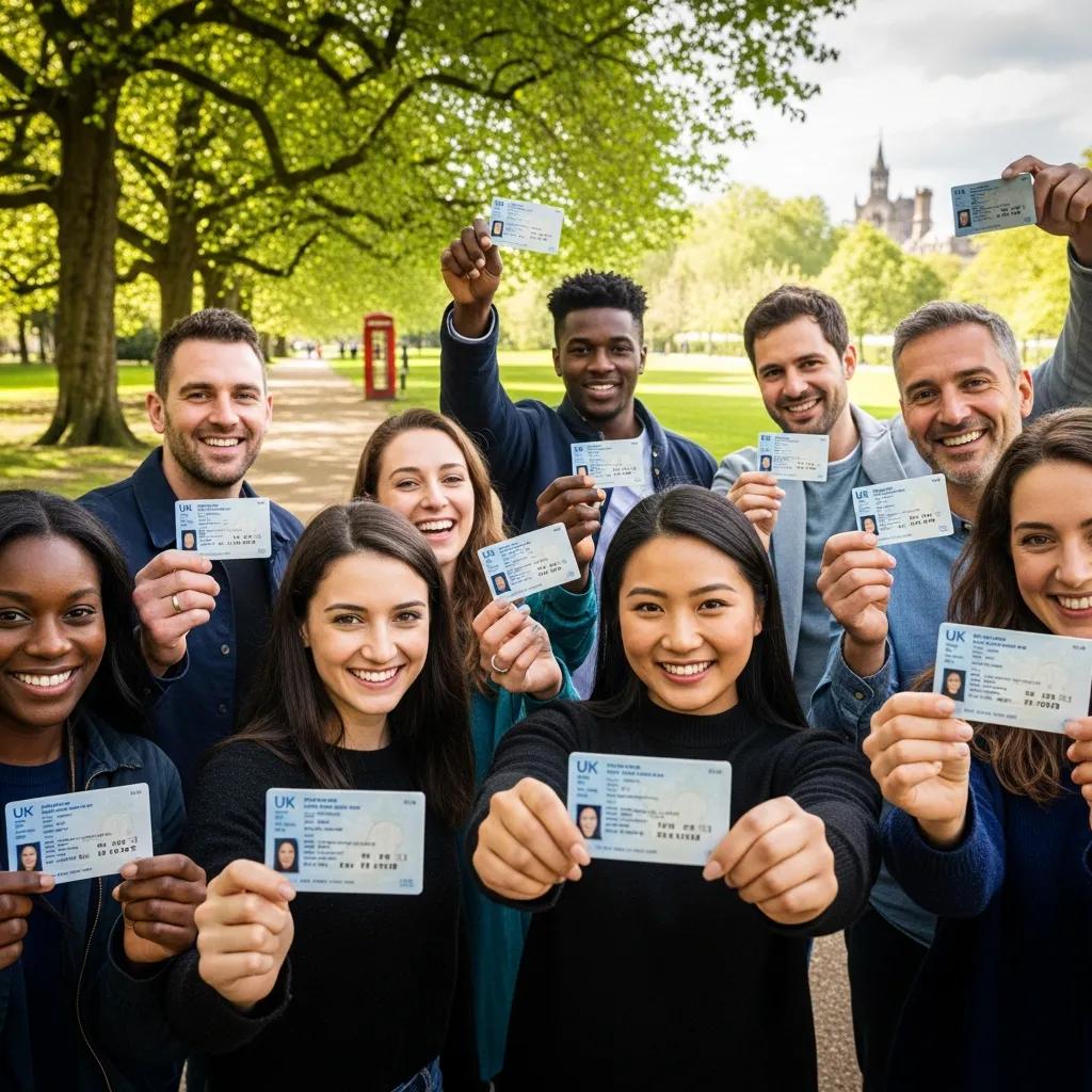 Diverse group of foreign nationals celebrating with UK driver's licences in a scenic UK location
