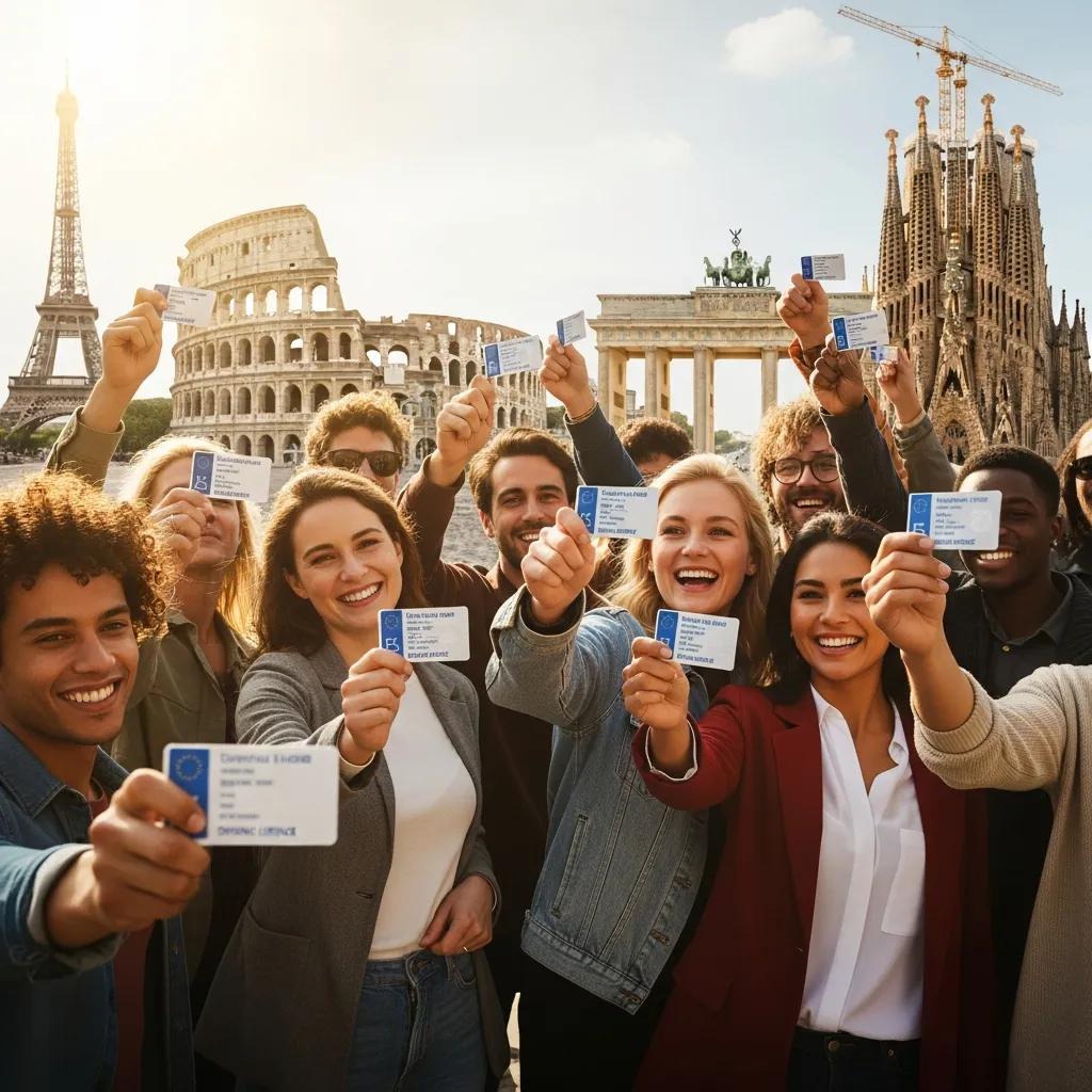 Diverse individuals celebrating with their EU driving licences in front of European landmarks