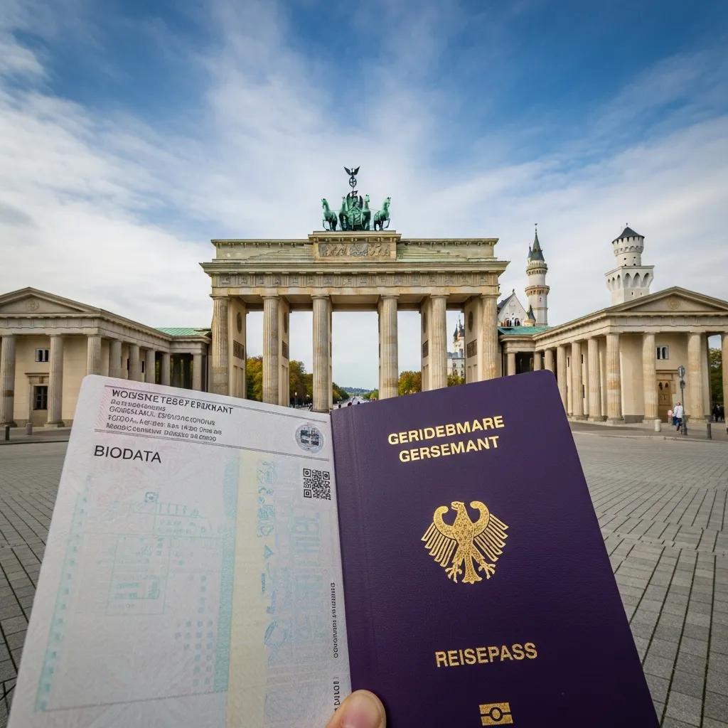German passport with iconic landmarks in the background, symbolizing travel and citizenship