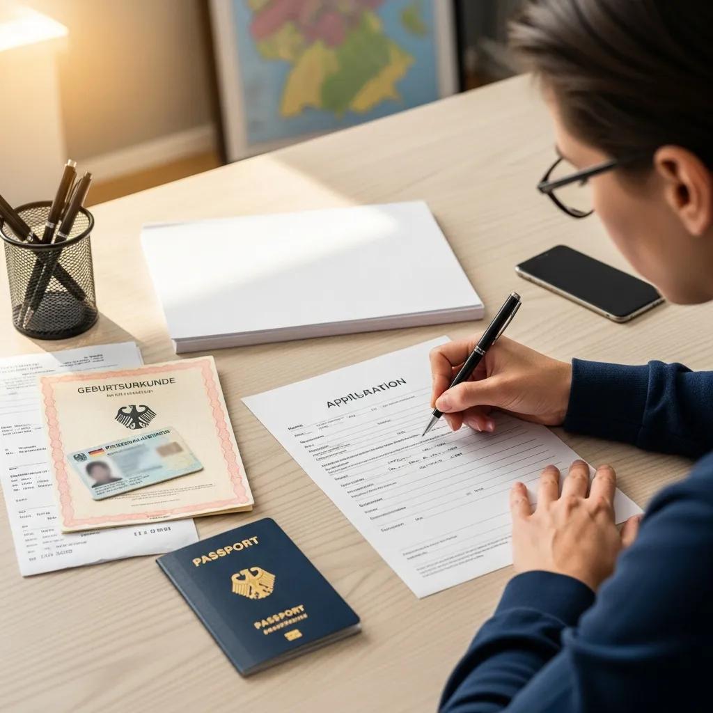 A person filling out a passport application with necessary documents spread across a desk