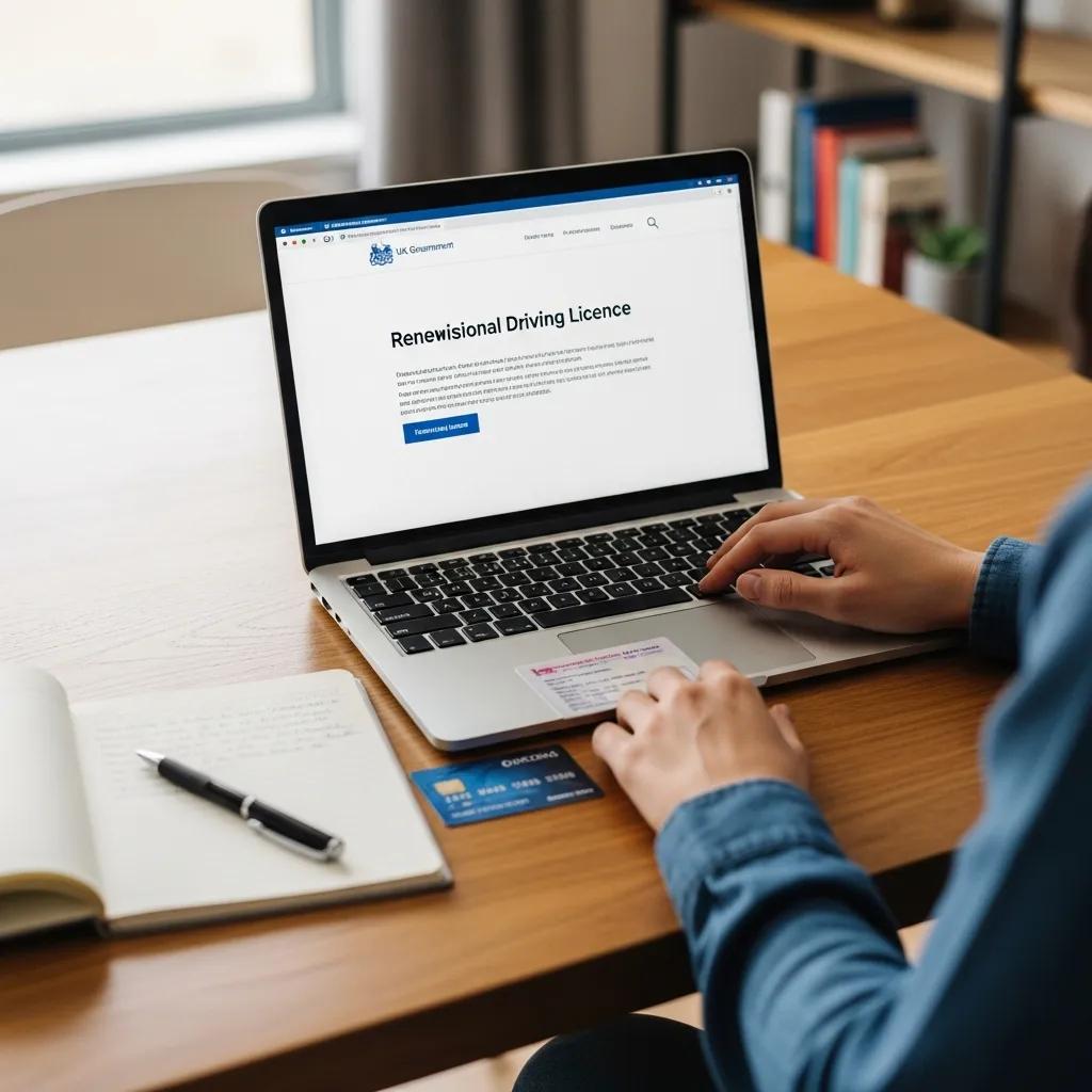 Person using a laptop to renew their UK provisional driving licence online with documents at hand