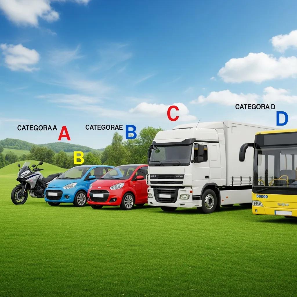 Different vehicles illustrating EU driving licence categories outdoors