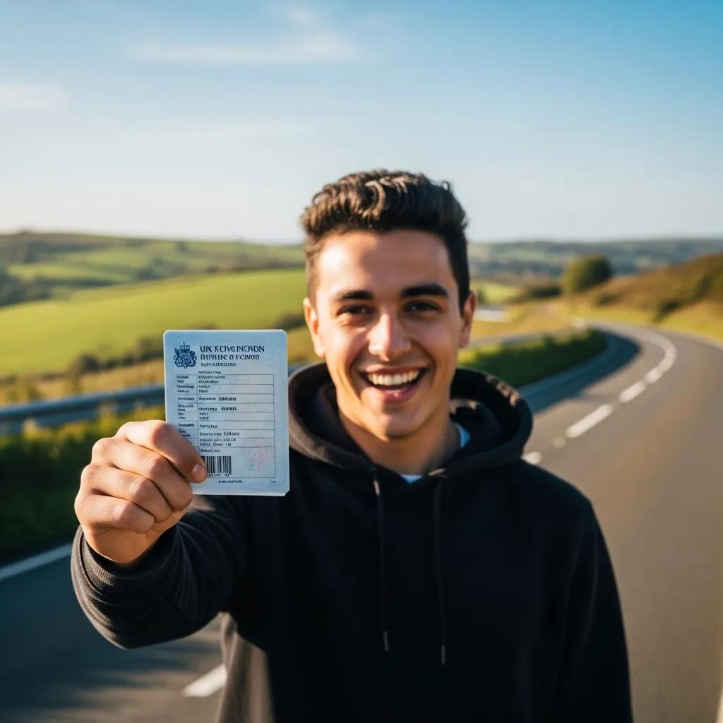 Young adult proudly holding a UK driving licence with a scenic road in the background