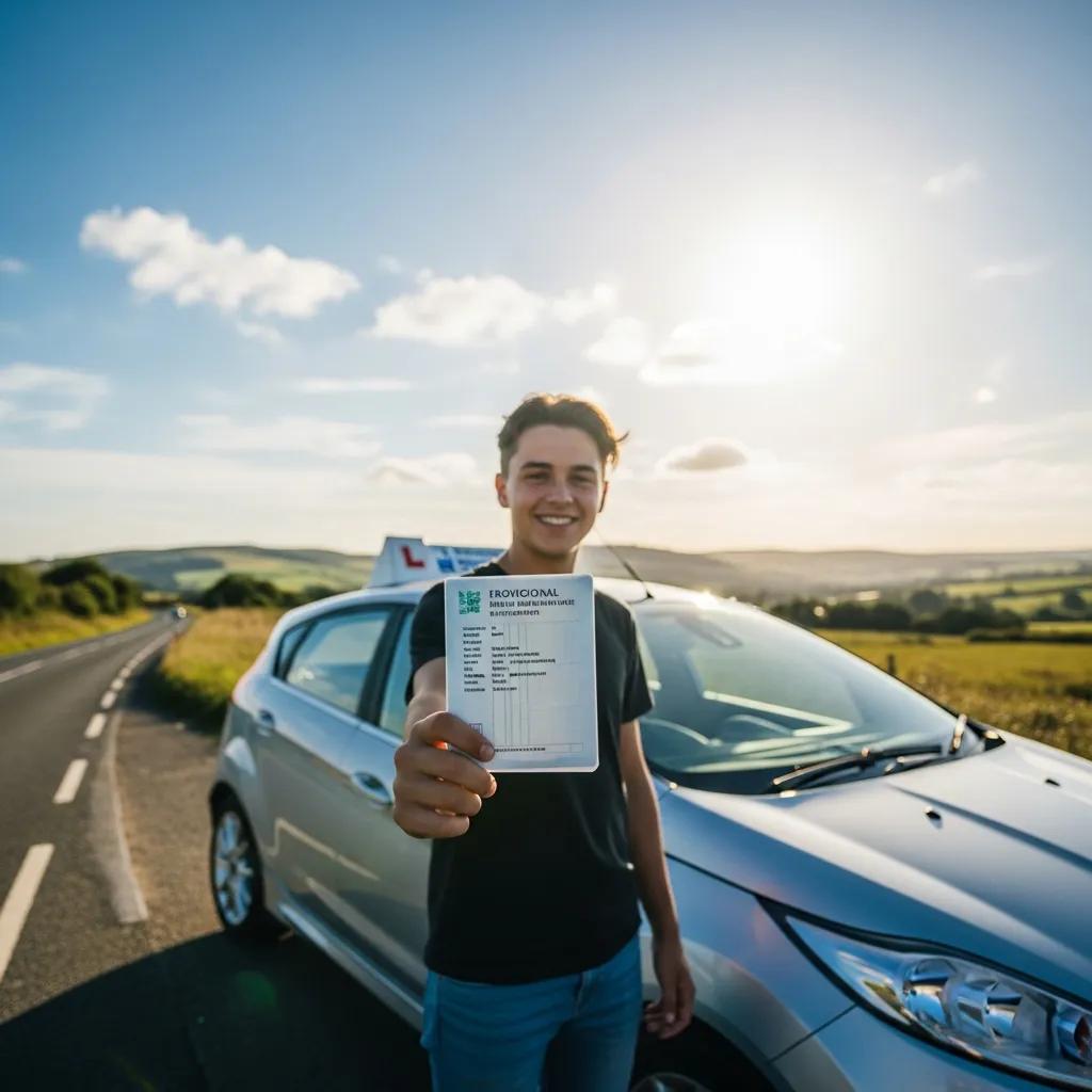 Young person holding a UK provisional driving licence with a car in the background, symbolizing the journey of learning to drive